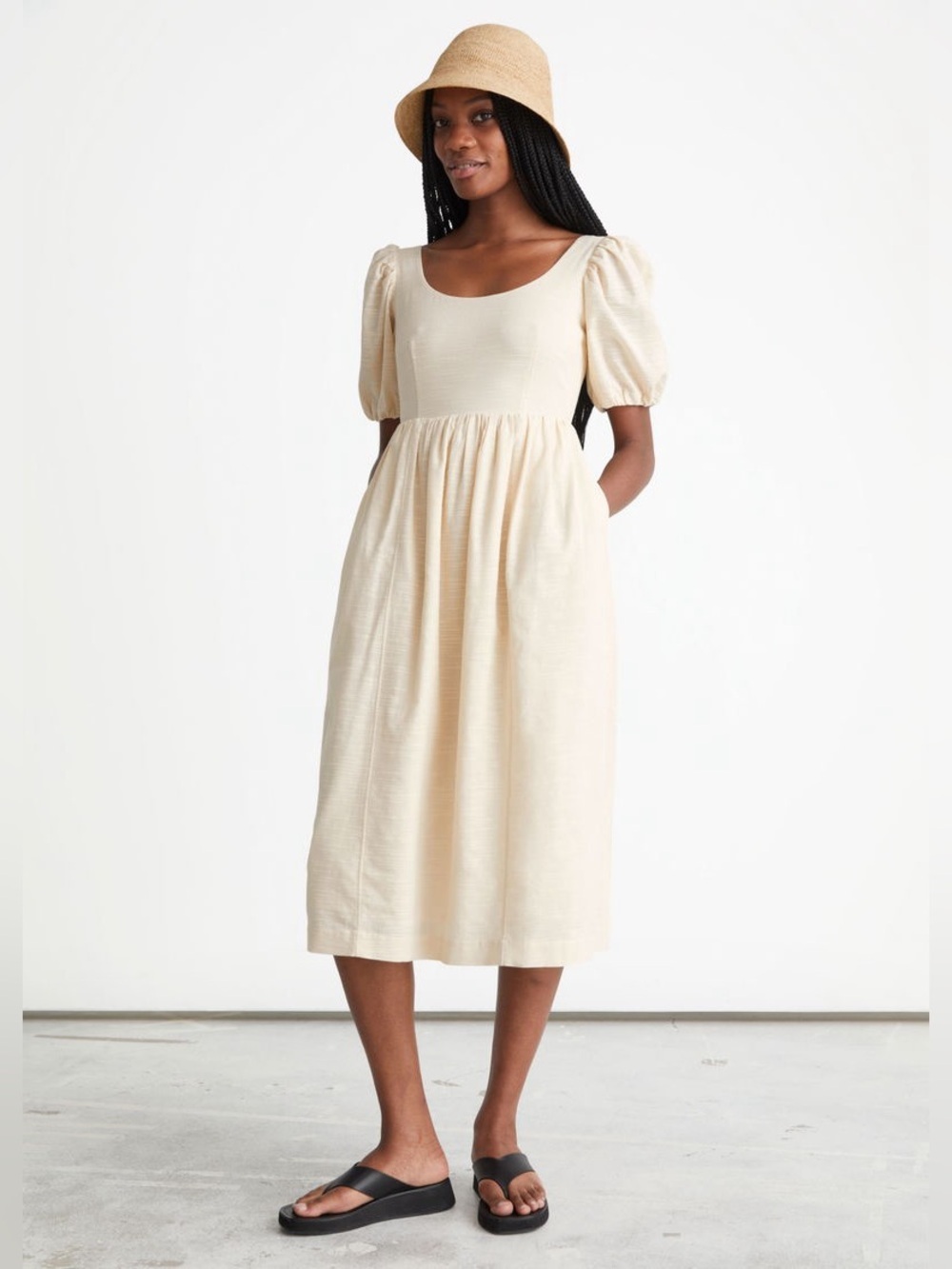 & other stories Puff-Sleeve Midi Dress open toe back poplin cottagecore coquette